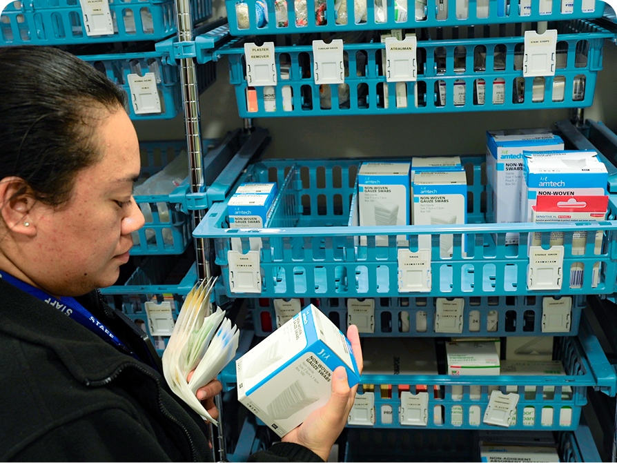 Rappid Shelving in use at SouthPoint’s Storeroom lets nurses easily see available stock.
